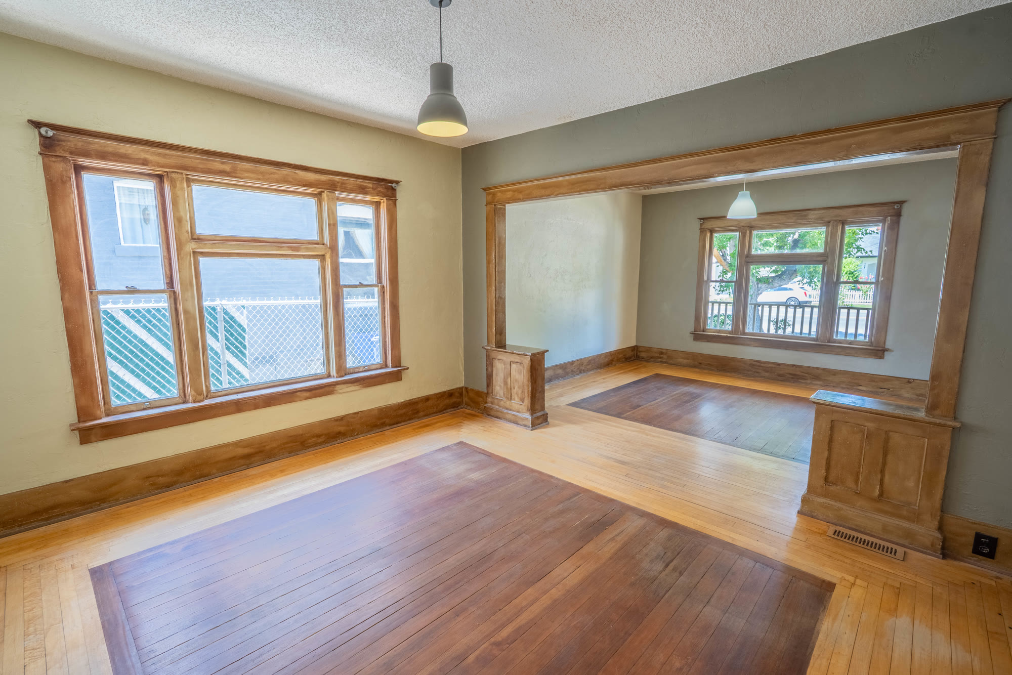 Living room with original wood window casings